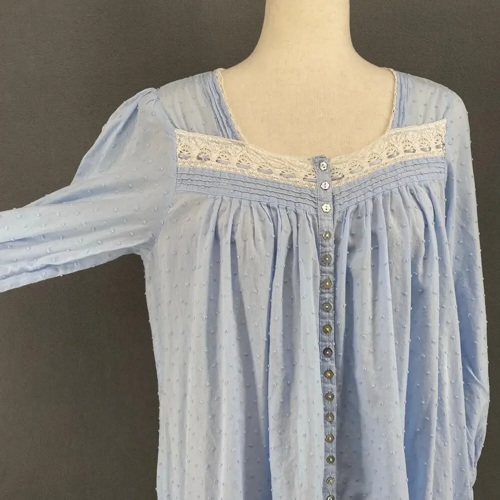 Eileen West Swiss Dot Button Down Cotton Nightgown Womens S Blue Pockets Cottage